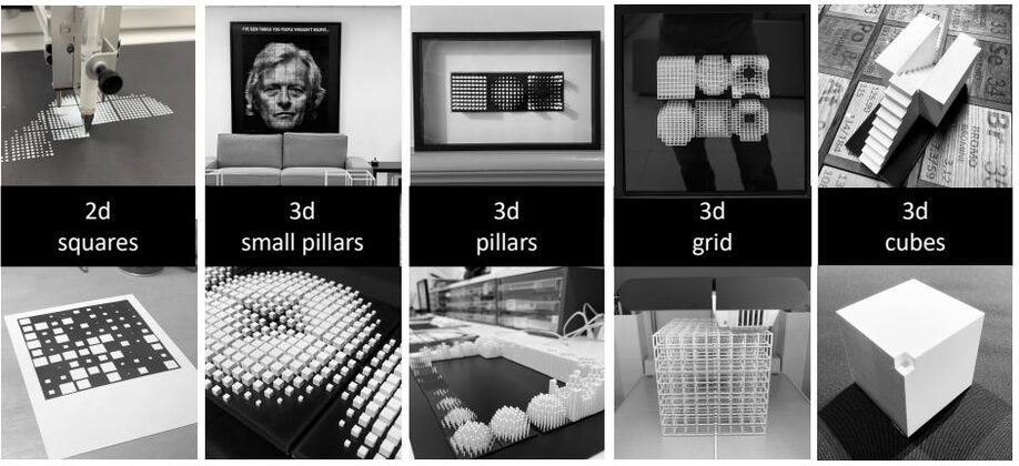 2d squares, 3d small pillars, 3d pillars, 3d grid, 3d cubes
